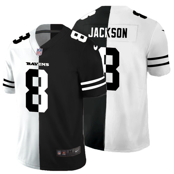 Men's Baltimore Ravens #8 Lamar Jackson Black & White NFL Split Vapor Limited Stitched Jersey